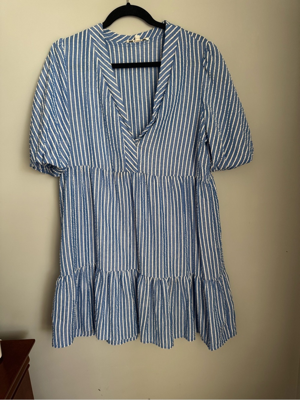 Sandra Darren Blue and White Striped V-Neck Dress